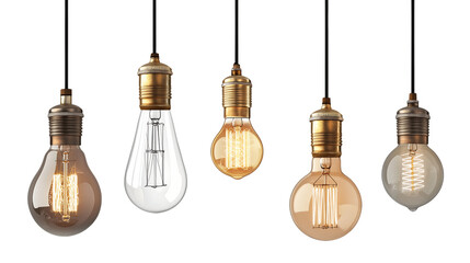 Five Hanging Vintage Edison Light Bulbs on Transparent Background, PNG