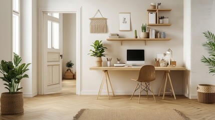 Bright Home Office with Wooden Desk and Plants.