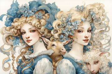 Obraz premium two curly girl sisters and sheep portrait, watercolor, illustration., watercolor style, Generative AI