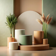 Cozy interior with green plants in a pot and vase, bright room with light and decorative elements