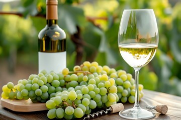 White wine and grapes on wooden table in vineyard setting