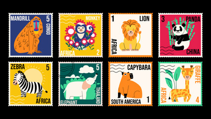 Set of postage stamps with capybara giraffe, elephant, panda, zebra, lion. Graphic cute cards with wild animals. © Aliaksandra
