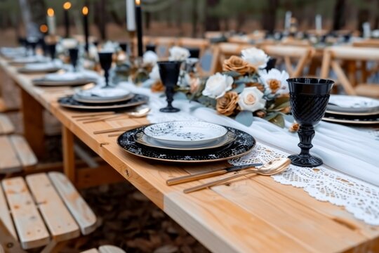 Elegant rustic outdoor table setting with black and gold accents
