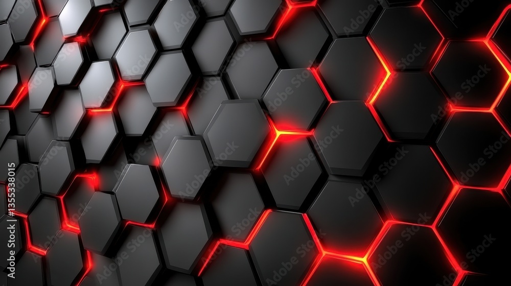 Poster glowing red hexagonal grid on dark background.