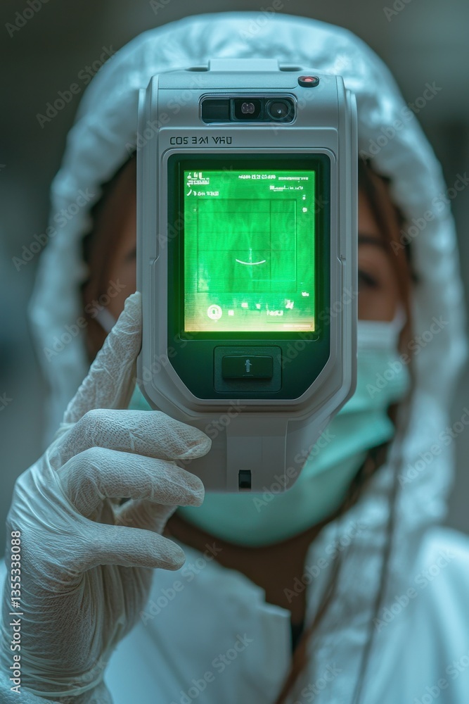 Poster scientist using a handheld device in a laboratory environment