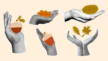 Halftone hands set with autumn leaves and acorns.Seasonn fall vintage elements.