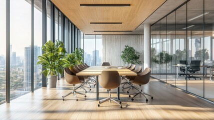 Fototapeta premium Modern Boardroom with City View Collaboration Hub.