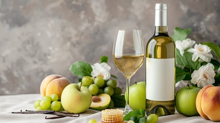 Obraz premium Elegant white wine bottle with glass, fresh fruits, flowers, and honeycomb on table