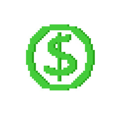 Green dollar coin in pixel art style. 8-bit  game graphic. Retro gaming, finance, or technology vector illustration