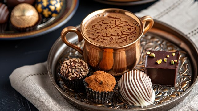 Luxurious middle eastern coffee with assorted chocolates on ornate tray - Powered by Adobe