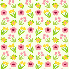 Vibrant floral pattern featuring pink, yellow, and green flowers on a light background
