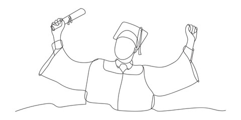 Continuous line drawing of students graduating and celebrating graduation. Hand drawn single line illustration