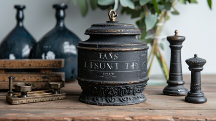 Vintage apothecary jar and antique weights on rustic wooden table
