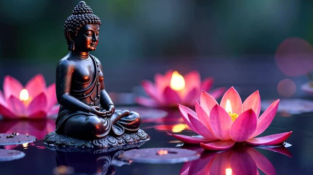 Buddha statue meditating in a lotus pond with softly glowing flowers. Concept of: Inner peace.
