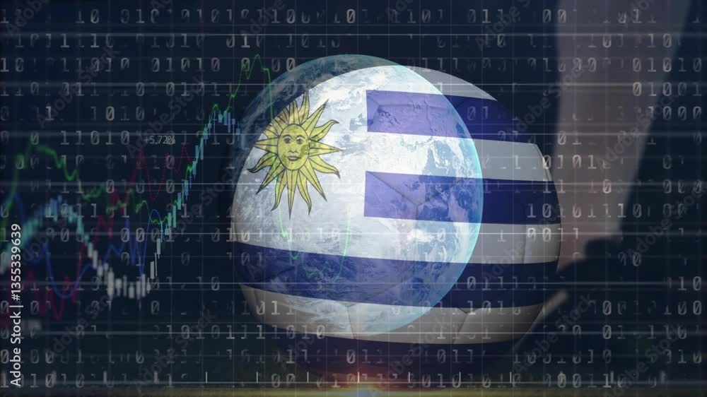 Poster globe with uruguay flag overlaid with financial data and binary code animation