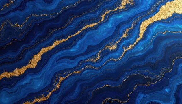 AI generated illustration captures luxury lapis lazuli stone effect. Abstract blue, gold liquid marble texture pattern. Design wallpaper for interior, art, decoration.