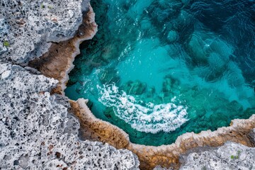 Stunning aerial view of turquoise ocean waves and rocky shoreline
