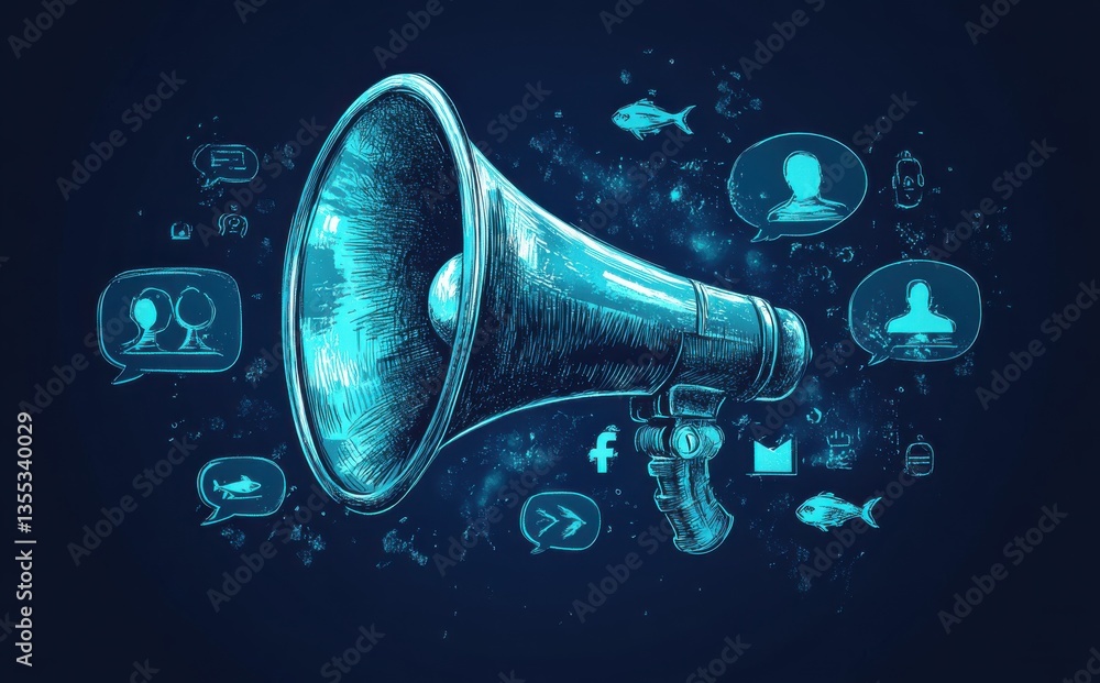 Poster digital megaphone with communication icons floating on a dark blue background