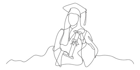 Continuous line drawing of students graduating and celebrating graduation. Hand drawn single line illustration