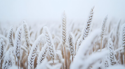 Fototapeta premium A quiet winter wheat field, covered in fresh snow with frost on every stalk, under a soft, gray winter sky.