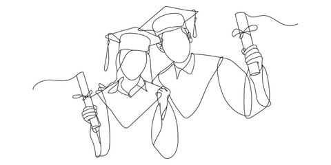 Continuous line drawing of students graduating and celebrating graduation. Hand drawn single line illustration