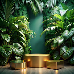 podium gold in tropical forest for product presentation and green award stage competition