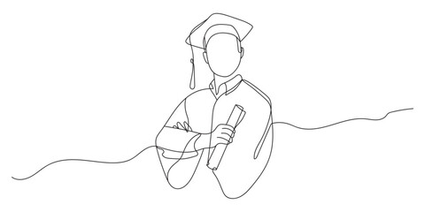 Continuous line drawing of students graduating and celebrating graduation. Hand drawn single line illustration
