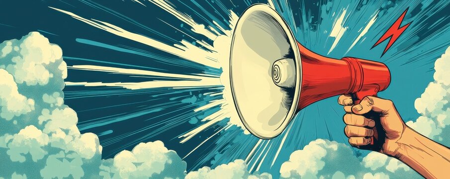 Comic-style depiction of a vibrant red megaphone emphasizing bold messages