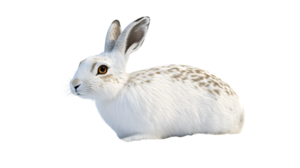 A pristine white rabbit with brown speckles showcasing detailed fur texture and alert posture