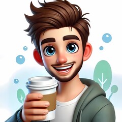 Young Man with Coffee Cup and Bubbles - Smiling professional with coffee, symbolizing refreshing workplace breaks and casual modern corporate styling.