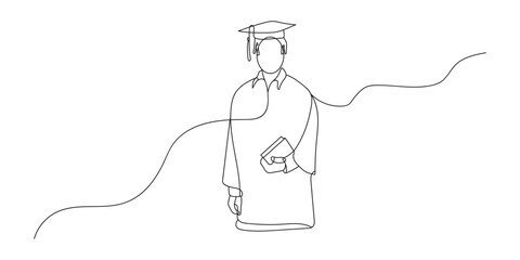 Continuous line drawing of students graduating and celebrating graduation. Hand drawn single line illustration