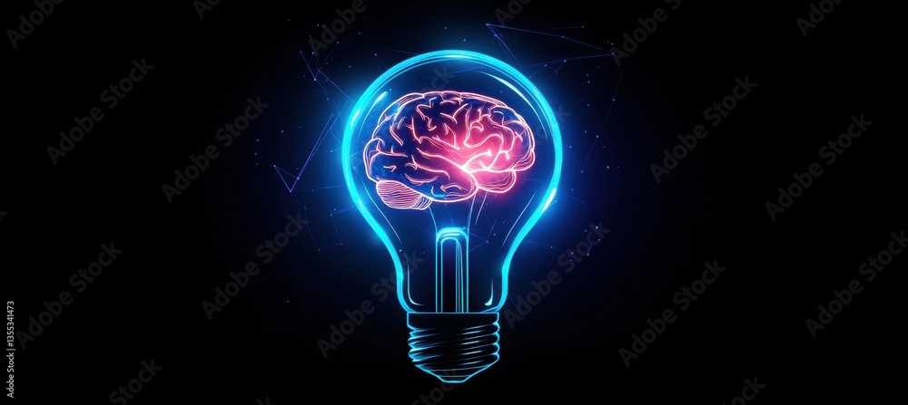 Poster glowing light bulb with neural brain visualization and futuristic elements