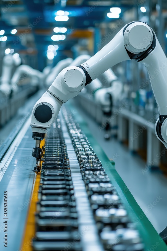Poster robotic arm assembling components in a high-tech industrial factory setting