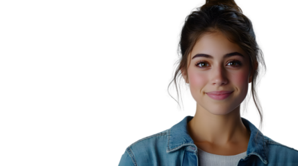 A young woman with a warm smile wearing a denim jacket against a black background
