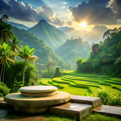 A beautiful scenic view of a garden with trees, a fountain, and a lake surrounded by mountains and forests, under a clear sky with clouds, perfect for travel and enjoying nature in the summer