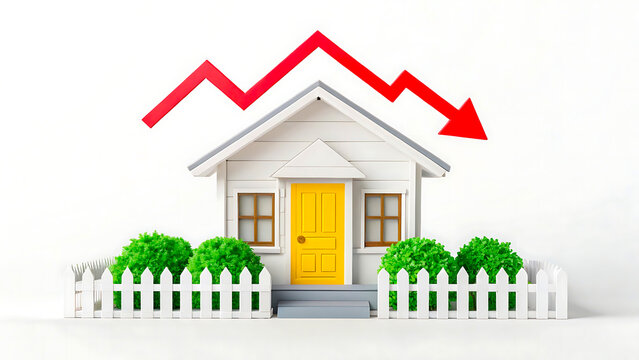 House price decline, real estate market crash isolated on white background