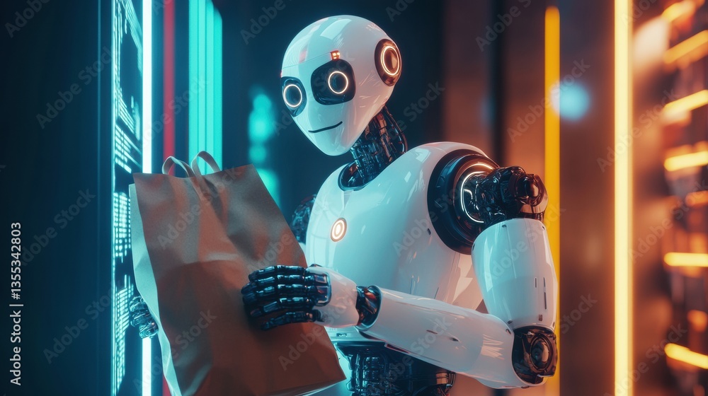 Aufkleber futuristic delivery robot hands over grocery bag in a modern cyberpunk environment with sleek lighti