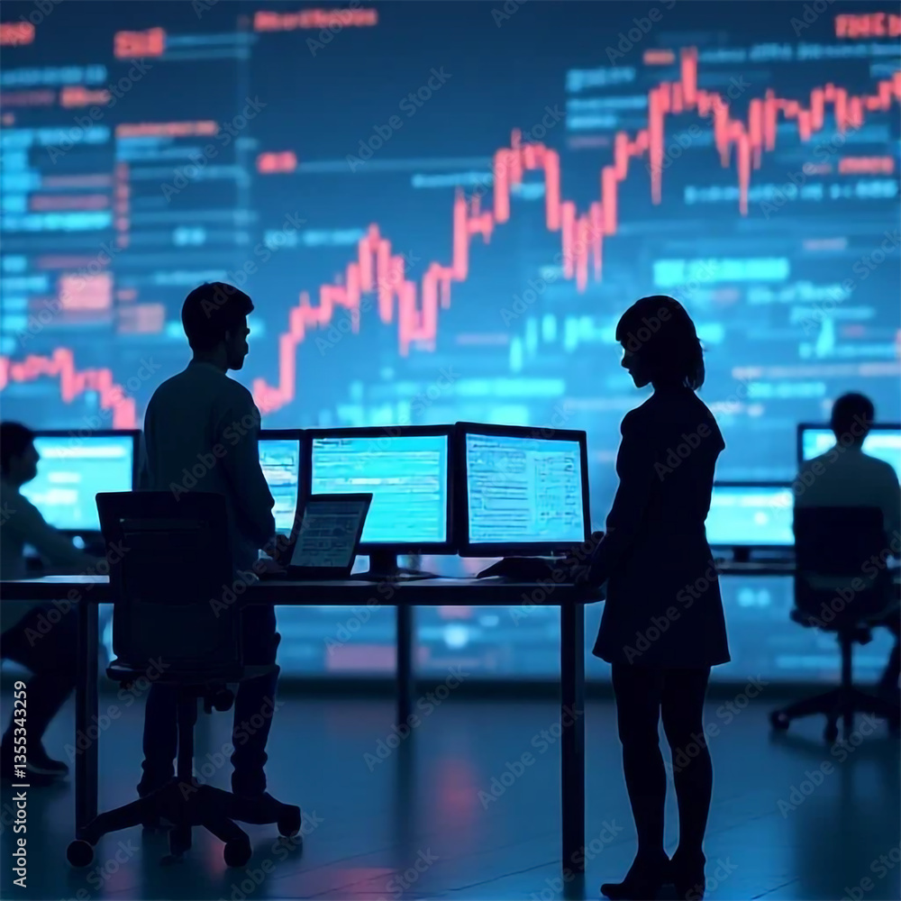 Poster focused analysts monitoring a dynamic stock market surge displayed on massive screens in a dimly lit
