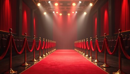 Red carpet walkway with velvet ropes in grand hallway. Luxurious entrance for formal events, premieres, award ceremonies. Spotlight illuminates path. Empty stage, theatre, cinema, movie set with vip