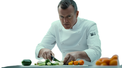 Chef in Action Slicing Fresh Vegetables with Precision and Focus