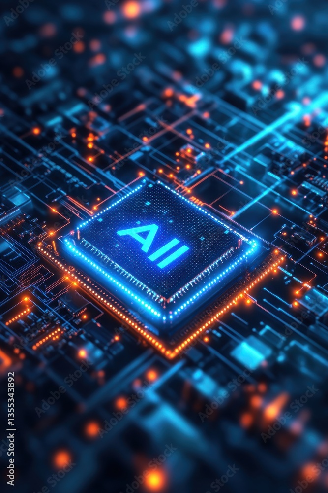 Poster futuristic ai processor chip on a glowing circuit board