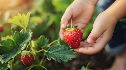 Hands gently picking ripe strawberries from lush green plants un