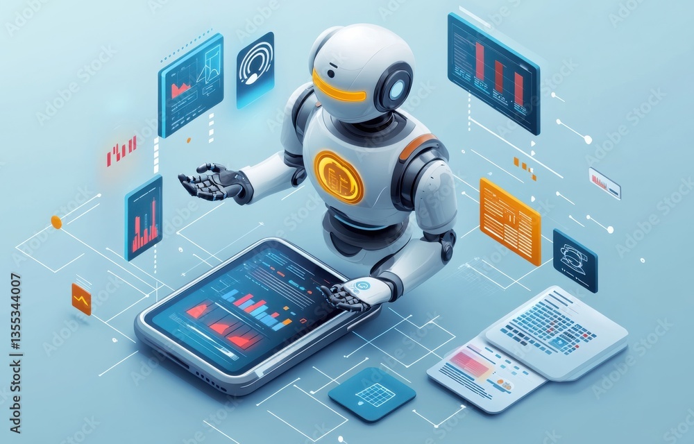 Poster ai robot analyzing data with futuristic digital interfaces