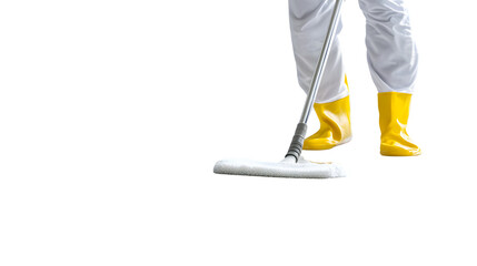Fototapeta premium Cleaning Professional in Action Mopping with White Uniform and Yellow Boots for Hygiene Tasks