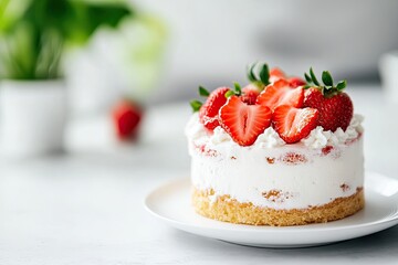 Delicious cake topped with fresh strawberries, showcasing creamy