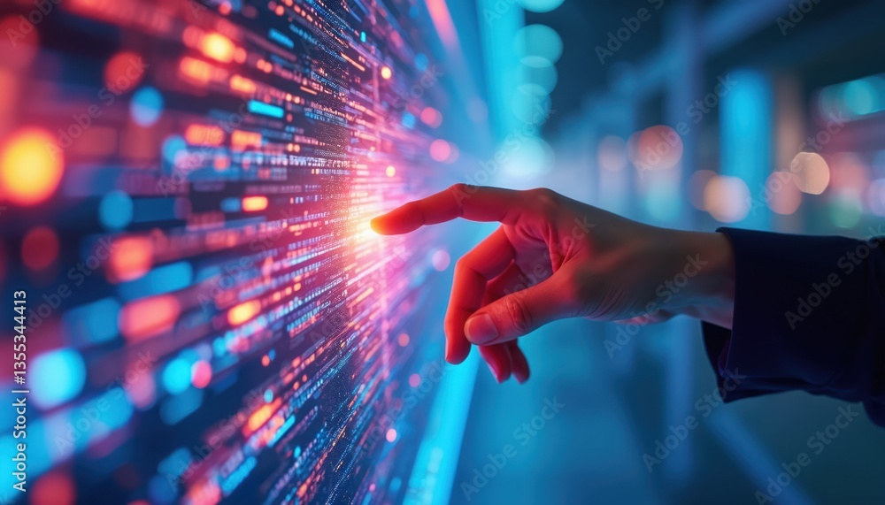 Poster Hand touching colorful digital display screen, showcasing tech interaction with vibrant neon lights, futuristic interface. Finger points screen with data streams, digital world, modern innovation.