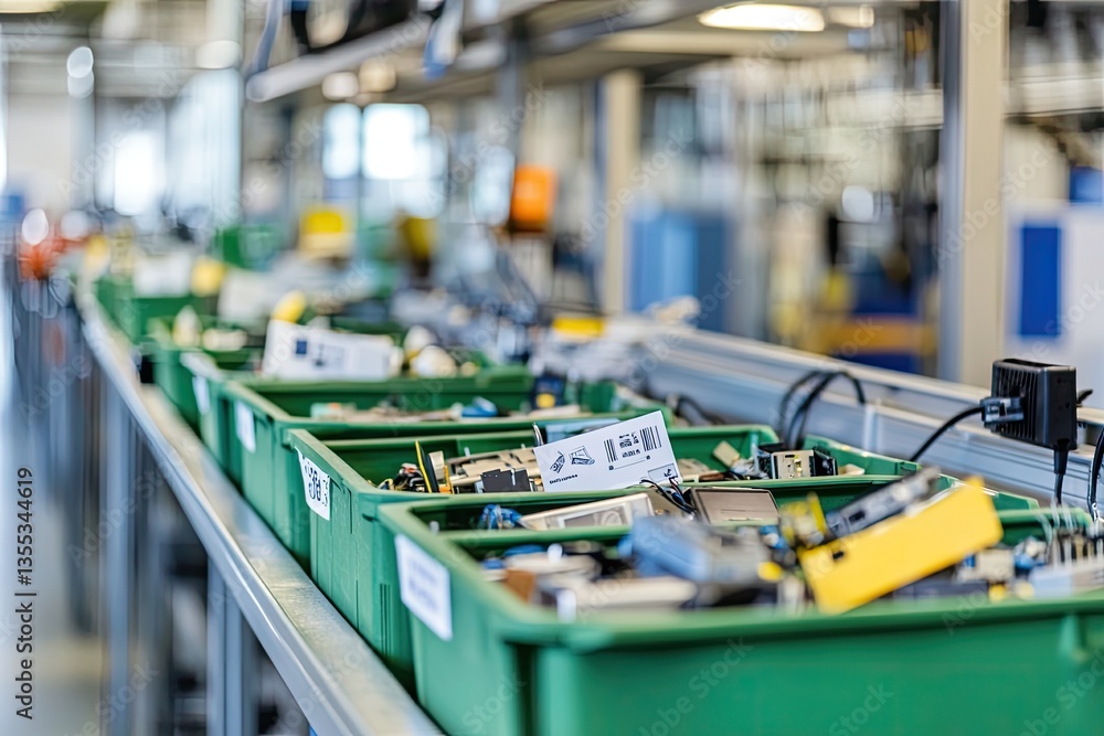 Aufkleber organized workspace featuring green bins filled with various com