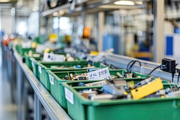 Organized workspace featuring green bins filled with various com