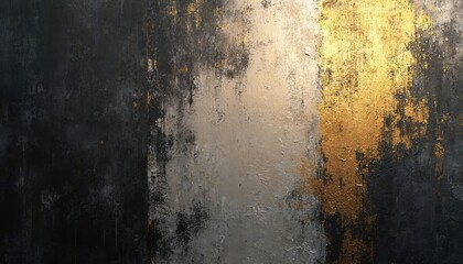 Abstract art background with black, gold, silver textures. Distressed, elegant look. Modern luxury design, artistic metallic background. Contemporary stylish visual, creative decor.