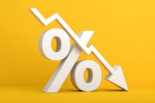Decreasing percentage rate with arrow on yellow background